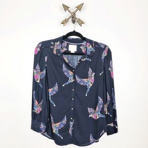 Maeve Alden Floral Bird Navy Button Down Sz XS